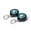 Two black Boomerang Mini-Zinger (2 Pack) retractable tool holders with blue circular logos and metal key rings for securing fishing tackle and gear.