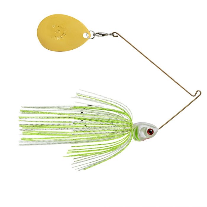 Booyah Covert Single Colorado Spinnerbait with lime green and white skirt, silver head with red eye, and a single gold-colored spinning blade, designed for fishing tackle use.