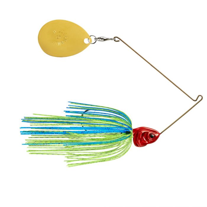 Booyah Covert Single Colorado Spinnerbait with blue and green skirt, red fish-shaped head, and a gold-colored spinner blade for fishing tackle enthusiasts.