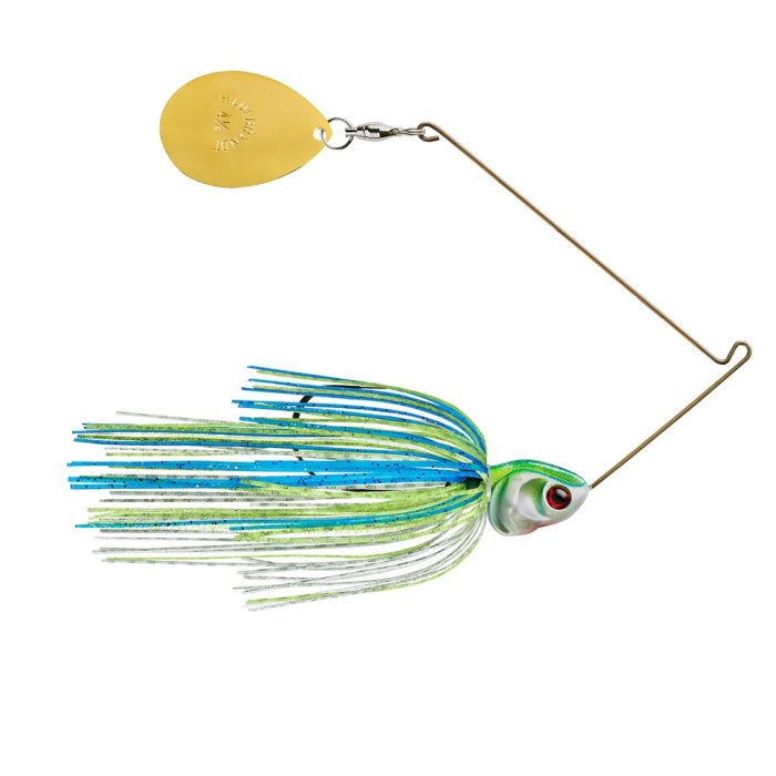 Booyah Covert Single Colorado Spinnerbait fishing lure with a gold Colorado blade, blue and green skirt, and lifelike fish head designed for musky and freshwater fishing tackle.