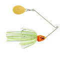 Booyah Covert Single Colorado Spinnerbait with green and white skirt, orange head, and gold spinner blade designed for fishing tackle use.