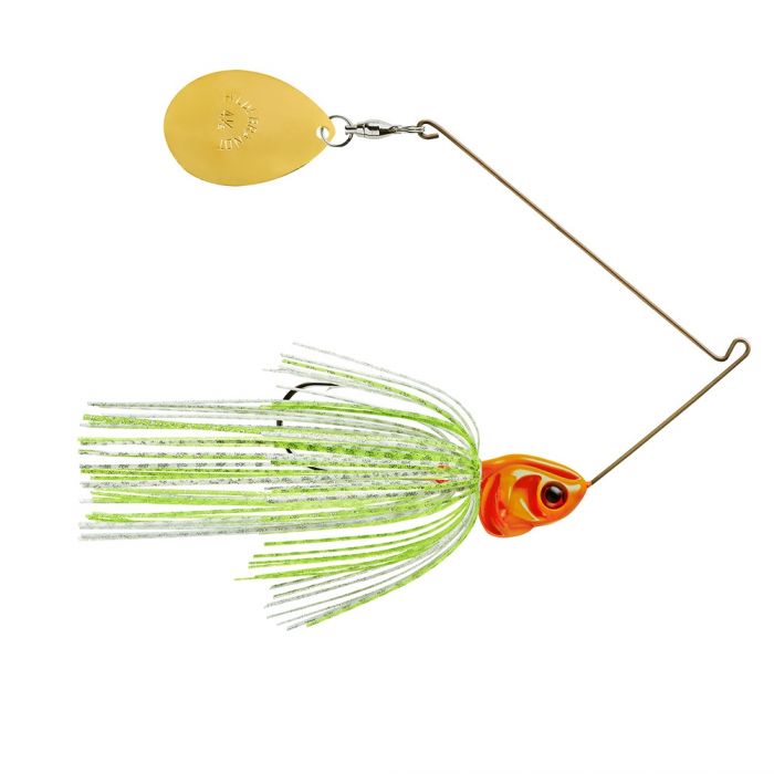 Booyah Covert Single Colorado Spinnerbait with green and white skirt, orange head, and gold spinner blade designed for fishing tackle use.