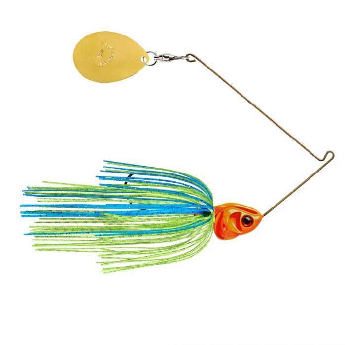 Booyah Covert Single Colorado Spinnerbait with a vibrant blue and green skirt, orange detailed head, and a single gold spinner blade for fishing tackle use.
