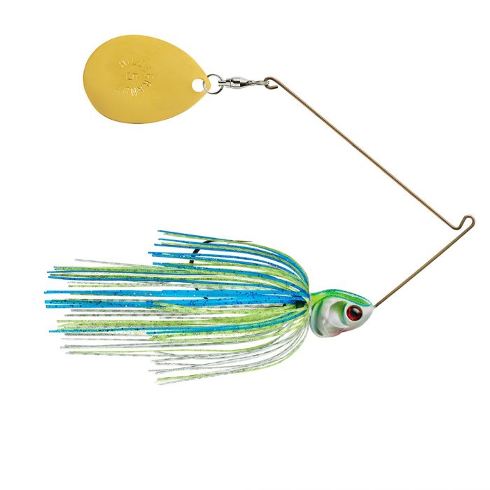 Booyah Covert Single Colorado Spinnerbait fishing lure with a blue, green, and silver skirt, a painted fish head, and a single gold-colored Colorado blade for attracting fish.