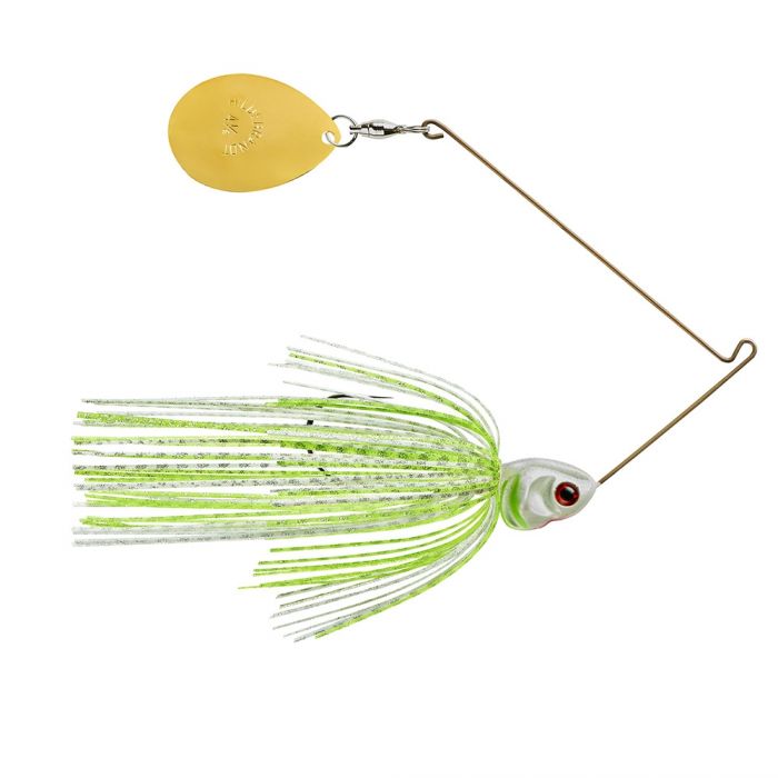Booyah Covert Single Colorado Spinnerbait with a chartreuse and silver skirt, single gold-colored Colorado blade, and detailed white head with red eye, designed for fishing tackle.