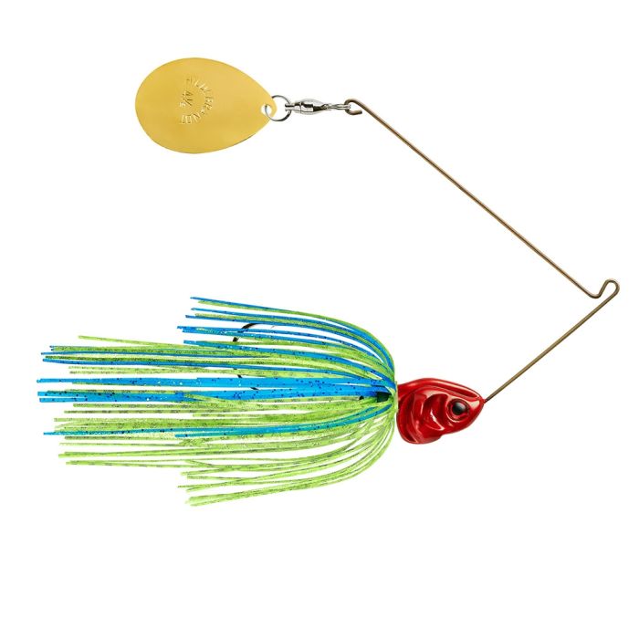 Booyah Covert Single Colorado Spinnerbait with a red head, green and blue skirt, and one gold Colorado blade designed for effective fishing lure action.