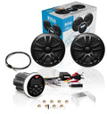 Boss Gauge radio kit w/Speakers and antenna MCKGB350B.6 featuring two black waterproof marine speakers, a digital radio unit with control buttons, wiring harness, mounting bracket, and installation hardware.