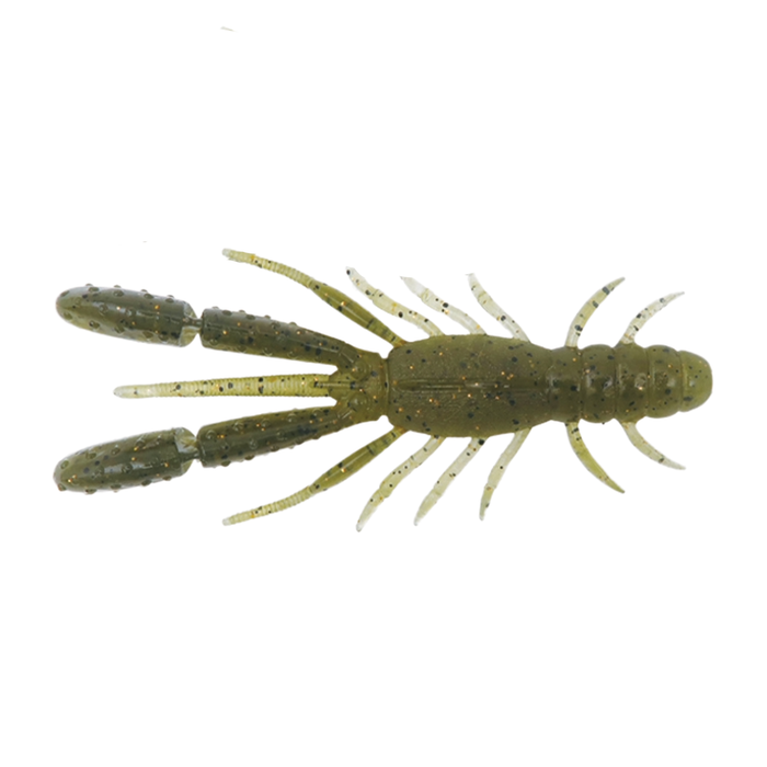 BottomUp Bulls Hog Baby soft plastic fishing lure designed to mimic a crawfish with segmented body and detailed appendages in translucent green with flecks, ideal for fishing tackle.