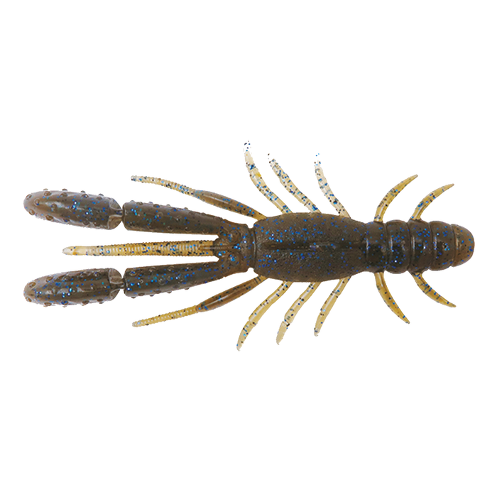 BottomUp Bulls Hog Baby fishing lure designed to imitate a crawfish, featuring a dark body with blue flecks and multiple segmented appendages for realistic movement in fishing tackle.