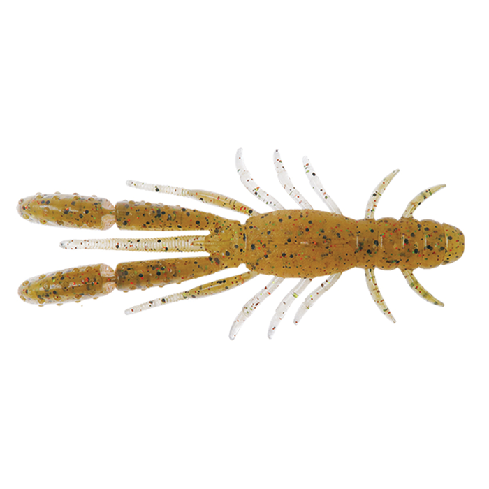 BottomUp Bulls Hog Baby soft plastic fishing lure in translucent green with black and orange speckles, designed to mimic a crawfish for effective fishing tackle use.