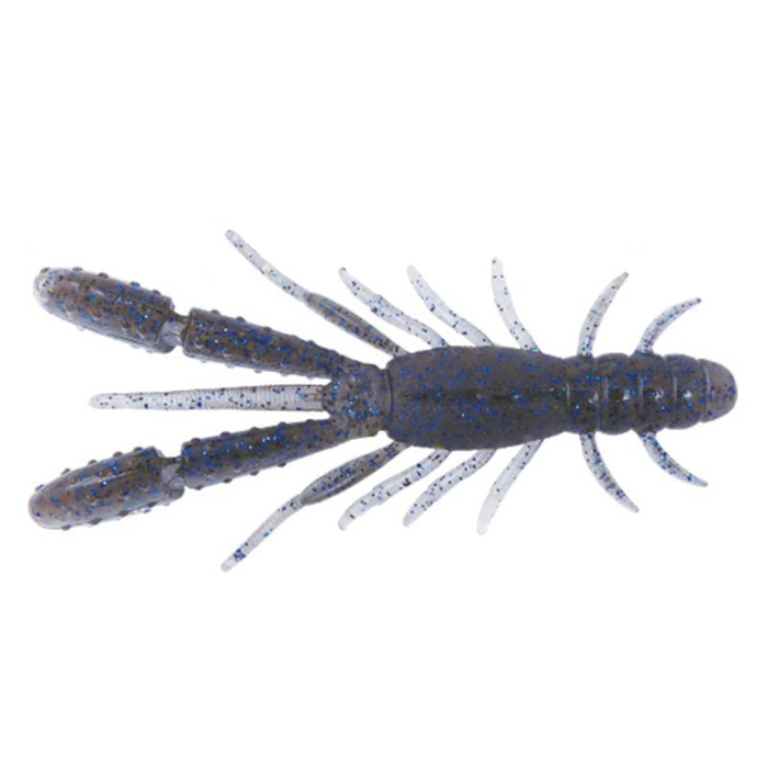 BottomUp Bulls Hog Baby fishing lure in dark translucent color with blue flecks, designed to mimic a small crawfish for attracting musky and freshwater fish.