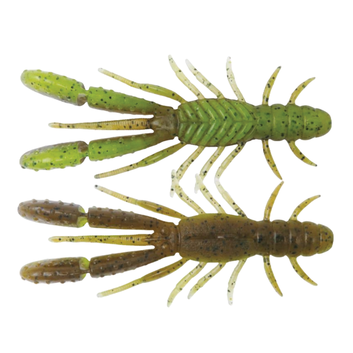 Two detailed soft plastic fishing lures in green and brown shades designed to imitate crawfish, labeled BottomUp Bulls Hog Baby, ideal for fishing tackle.