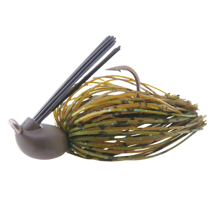BottomUp Gap Jig fishing lure with weed guard and multi-colored skirt designed for freshwater fishing targeting musky and other predatory fish.