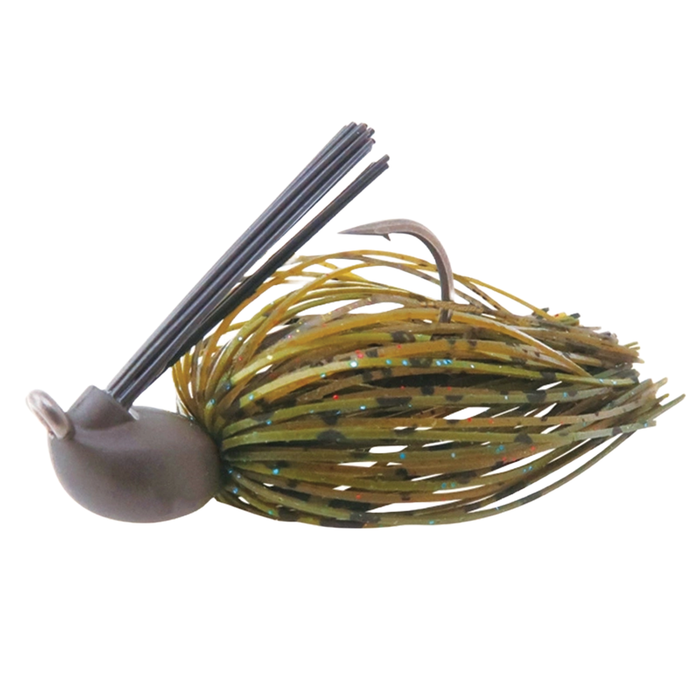 BottomUp Gap Jig fishing lure with a weighted head, olive green and black speckled silicone skirt, and a sharp hook, designed for musky fishing tackle.