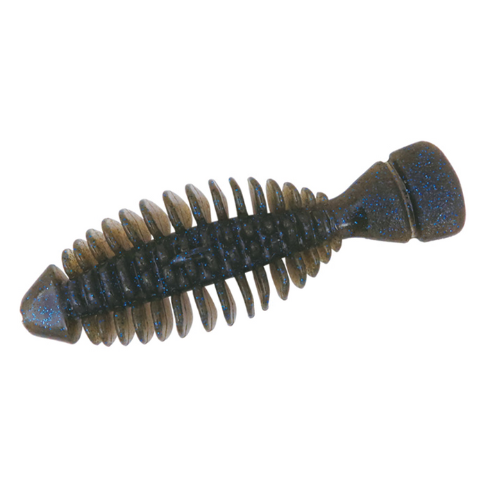 Soft plastic fishing lure with ribbed body and paddle tail in dark color with blue specks, designed for use with the BottomUp Gimmy fishing tackle.