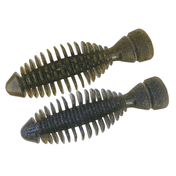Two soft plastic fishing lures in green and dark shades with ribbed bodies and paddle tails, designed for use as BottomUp Gimmy fishing tackle.