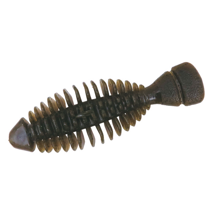 BottomUp Gimmy fishing lure in dark brown with segmented ribbed body and paddle tail designed for lifelike movement in water.