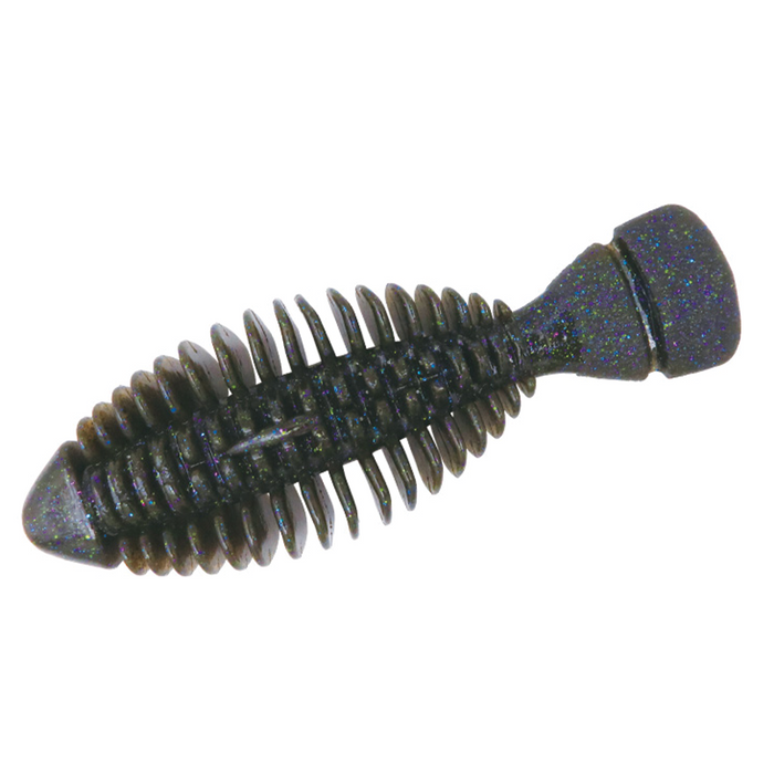 BottomUp Gimmy soft plastic fishing lure with ribbed body and paddle tail, designed for realistic movement to attract musky and other game fish.
