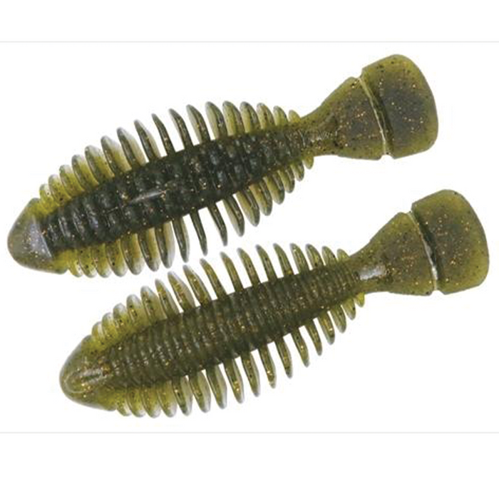 Two greenish soft plastic fishing lures with ribbed bodies and paddle tails designed as BottomUp Gimmy for attracting fish in freshwater fishing.