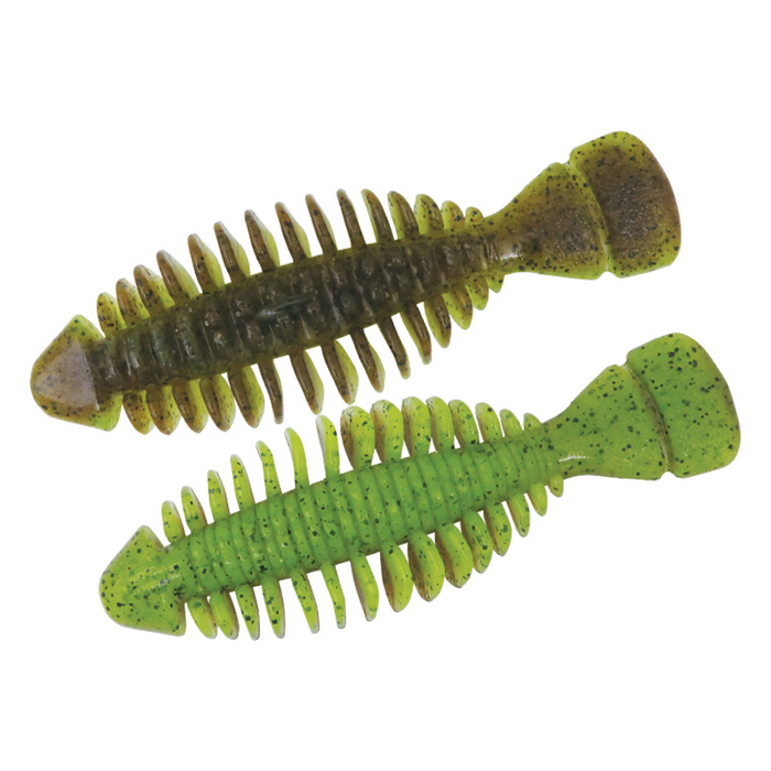 Two BottomUp Gimmy soft fishing lures in green and green-brown colors with ribbed bodies and paddle tails for enhanced movement in water.
