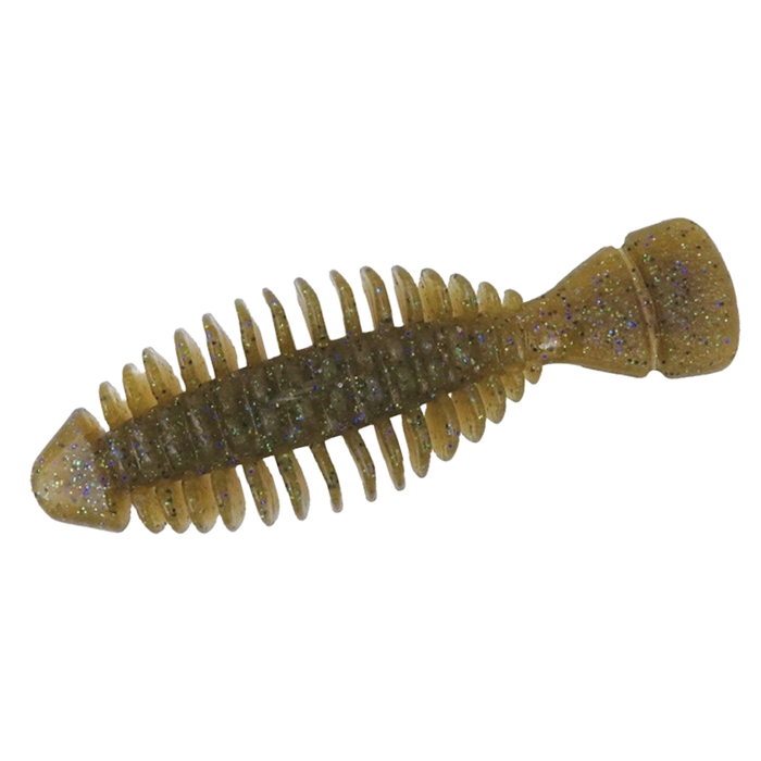 BottomUp Gimmy soft fishing lure in translucent brown with glitter flakes, featuring ribbed body and paddle tail designed for lifelike movement in fishing tackle.