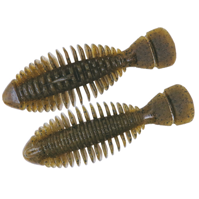 Two olive green soft plastic fishing lures with segmented bodies and paddle tails, designed for musky fishing, labeled as BottomUp Gimmy.