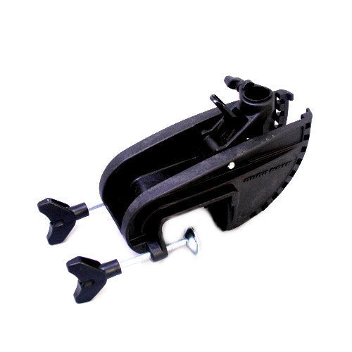 BRACKET/HINGE ASY-ENDURA, BLK PN:2991815A is a black durable plastic and metal clamp bracket with adjustable screws, designed for secure mounting in fishing tackle setups.