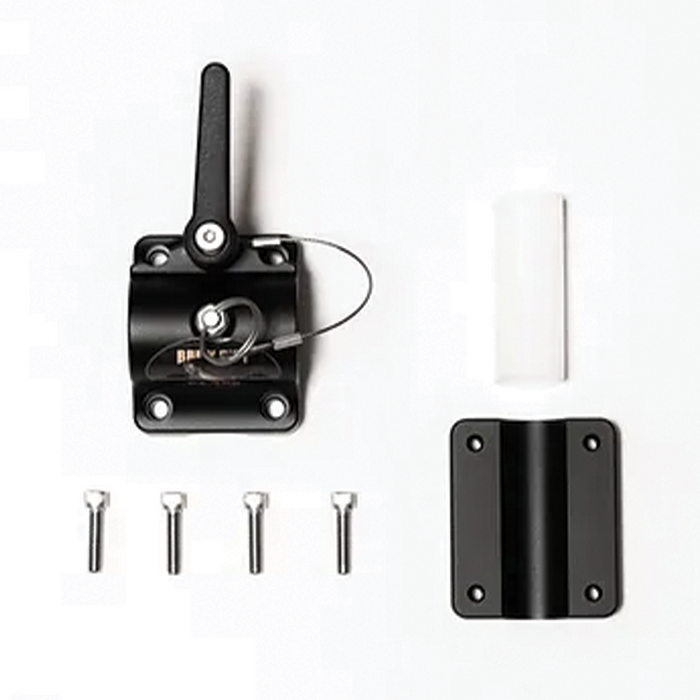 Brew City Base and Rail Bottom mounting hardware kit in black with lever, a protective white spacer, black mounting bracket, and four metal screws arranged on a white background.