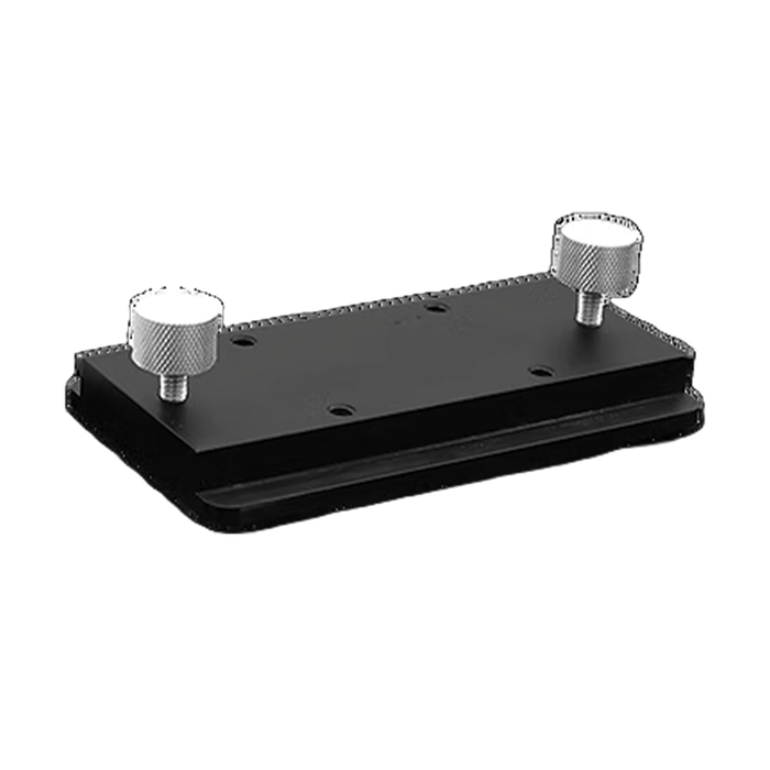 Brew City Track Insert 000-1006, a black rectangular mounting plate with two silver adjustment knobs, designed for secure attachment in fishing rod and marine electronics setups.