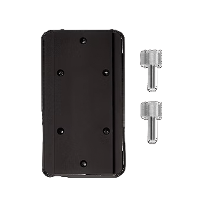 Brew City Track Insert 000-1006 black mounting plate with six screws and two silver thumb screws for secure attachment in fishing tackle setups.