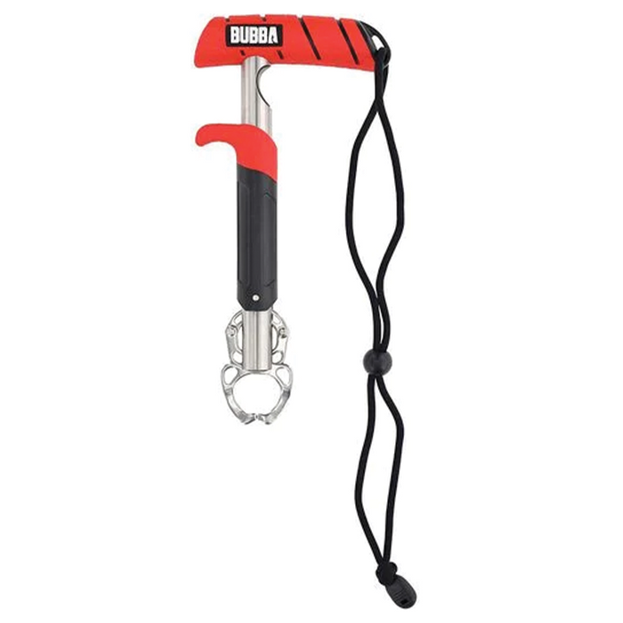 Bubba Fish Lip Grabbers in red and black with a stainless steel gripping mechanism and adjustable black lanyard for secure handling of fish during fishing activities.