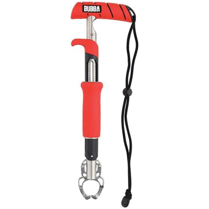 Bubba Fish Lip Grabbers in red and silver with ergonomic handle and stainless steel gripping jaws, featuring a wrist strap for secure hold during fishing activities.