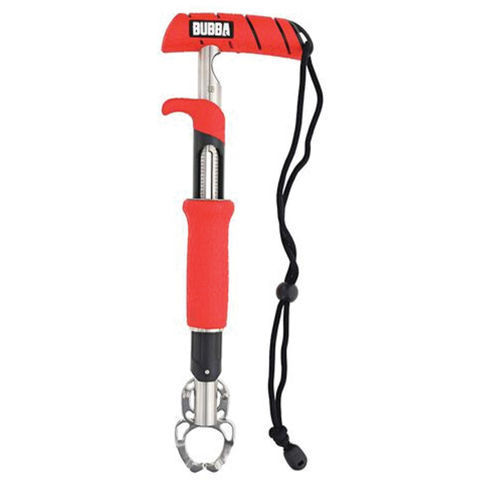 Bubba Fish Lip Grabbers with red ergonomic handle, stainless steel gripping jaws, and black adjustable wrist strap for secure fish handling in fishing tackle and marine electronics use.