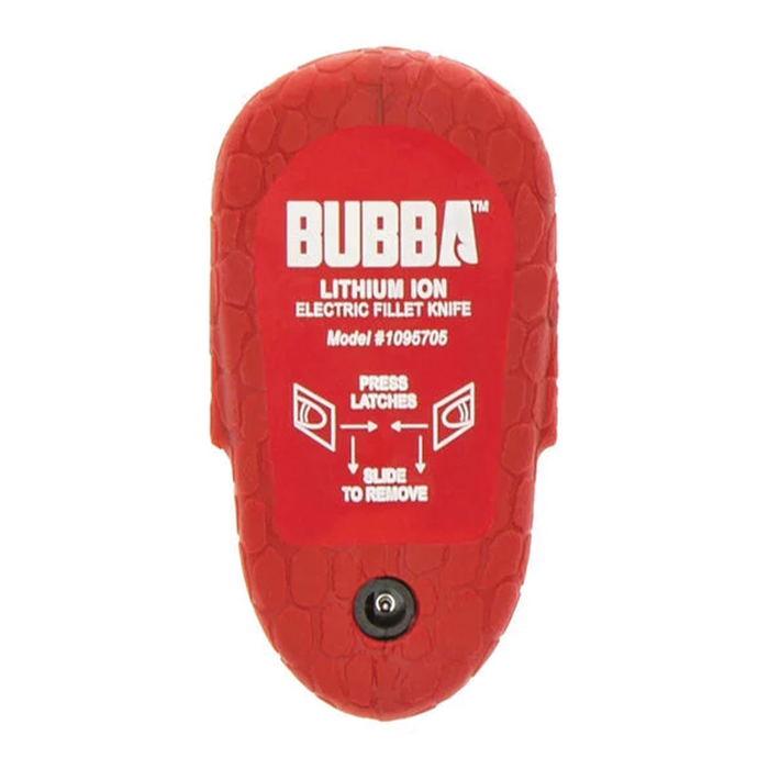 Compact red rechargeable battery pack for Bubba Lithium Ion Replacement Batteries, designed to power electric fillet knives with secure latch removal instructions.