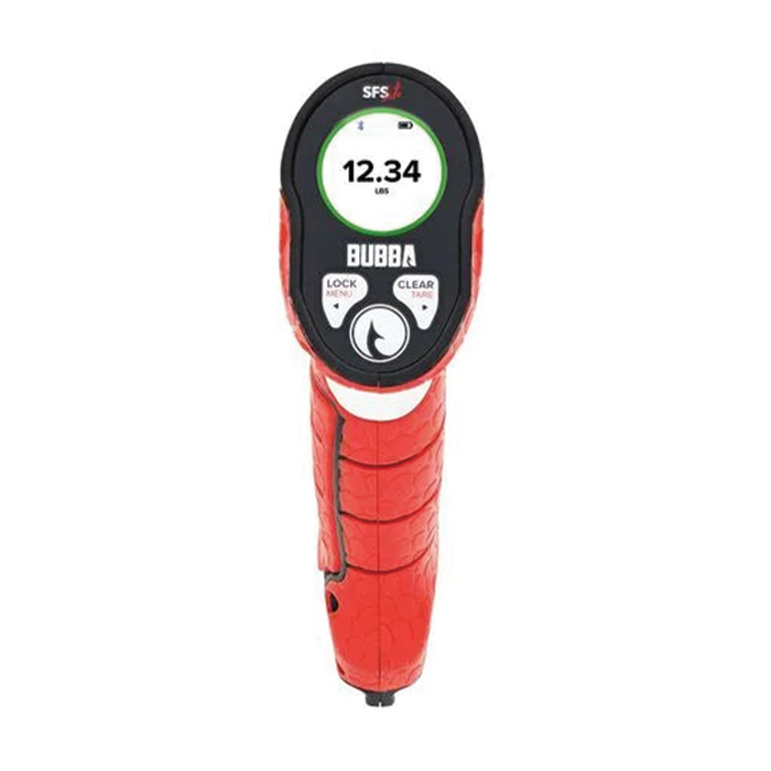 Bubba Smart Fish Scale LITE in red with a digital display showing a weight of 12.34 pounds, featuring lock, menu, and clear buttons for precise fishing tackle measurements.