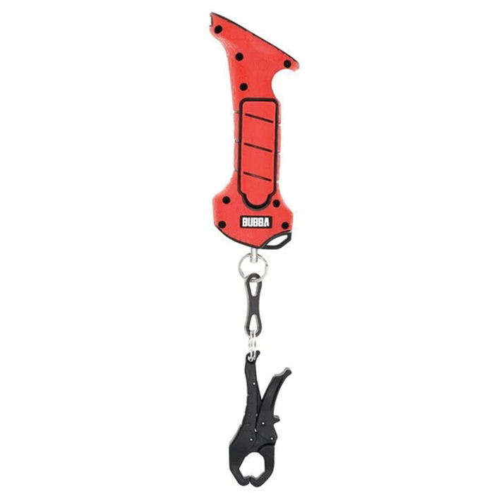 Bubba Smart Fish Scale LITE featuring a bright red ergonomic handle with a digital screen, attached to a black fish gripper for secure handling of catches.