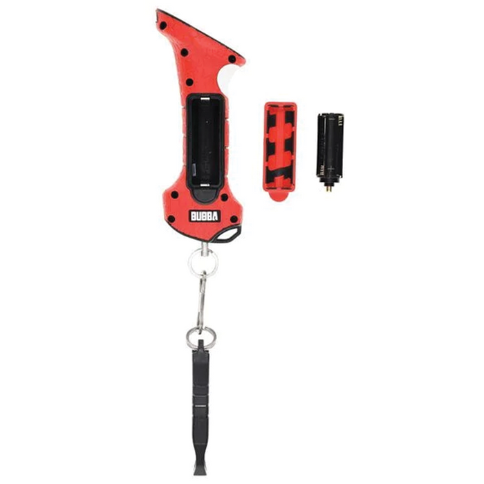 Bubba Smart Fish Scale LITE in red with black accents, featuring an ergonomic handle, a digital display screen, detachable battery compartment, and a metal hook with wrist strap.