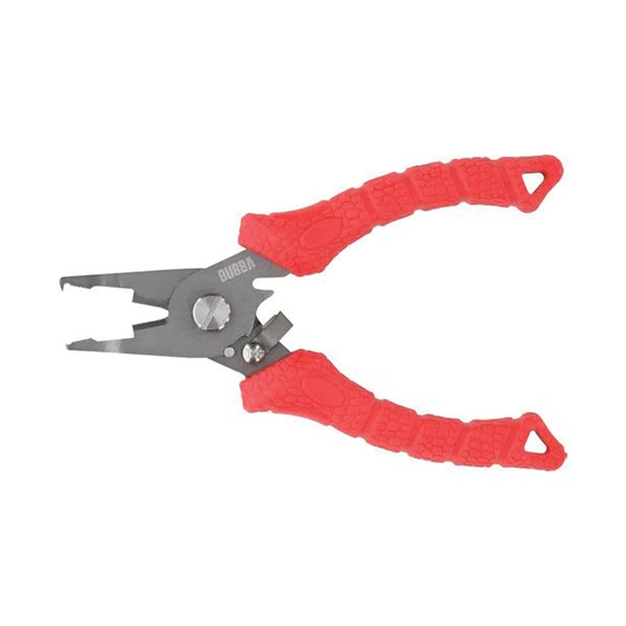 Bubba Stainless Steel Split Ring Pliers with textured red ergonomic handles and durable steel jaws designed for fishing tackle and split ring removal.
