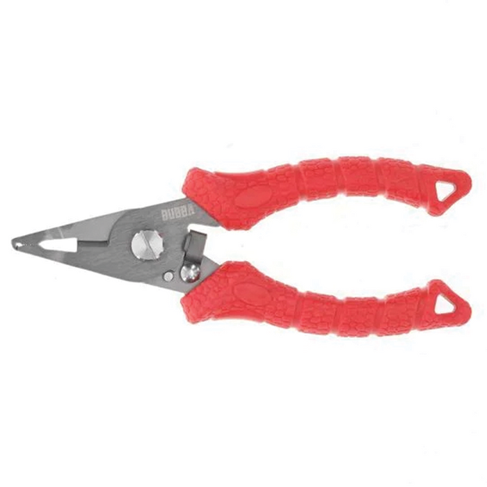 Bubba Stainless Steel Split Ring Pliers with textured red ergonomic handles and corrosion-resistant steel jaws, designed for fishing tackle use and durable outdoor performance.