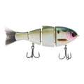 Bucca Bull Shad multi-segmented fishing lure with realistic fish scale texture, green and pink head, a feathered tail, and two treble hooks for effective fishing tackle.