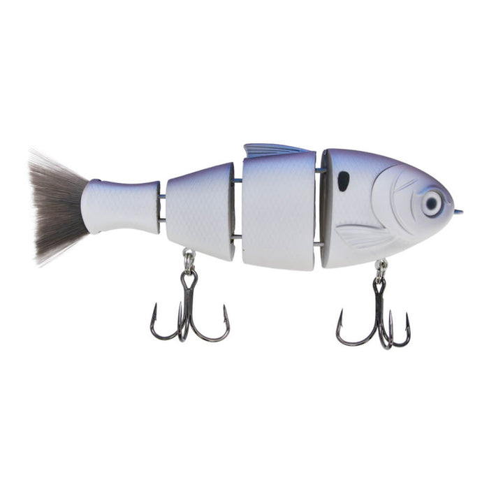 Bucca Bull Shad segmented fishing lure with realistic fish design in white and blue tones, featuring two treble hooks and a fur tail for enhanced movement in water.