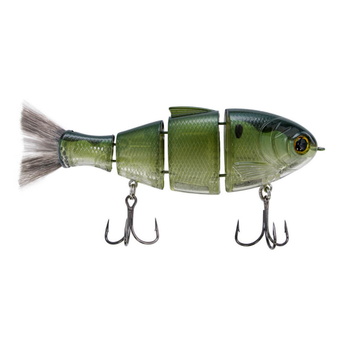 Bucca Bull Shad multi-jointed fishing lure in green with textured scales, realistic eyes, two treble hooks, and a feathered tail designed for effective fishing tackle use.