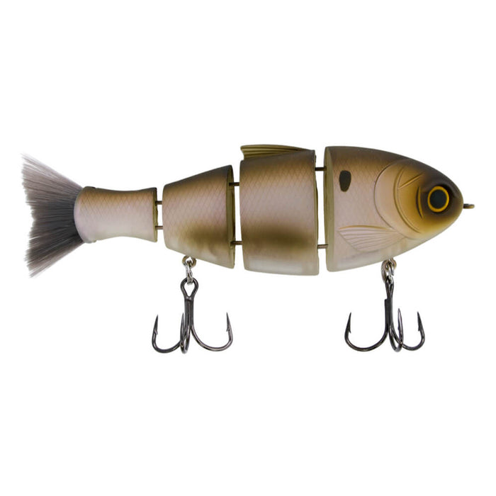 Bucca Bull Shad segmented fishing lure in natural fish colors with realistic scales and two treble hooks, designed for effective fishing tackle use.