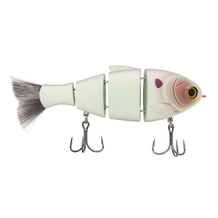Bucca Bull Shad segmented fishing lure with lifelike white body, pink accents, realistic eyes, a gray tail, and two treble hooks for effective fishing tackle.