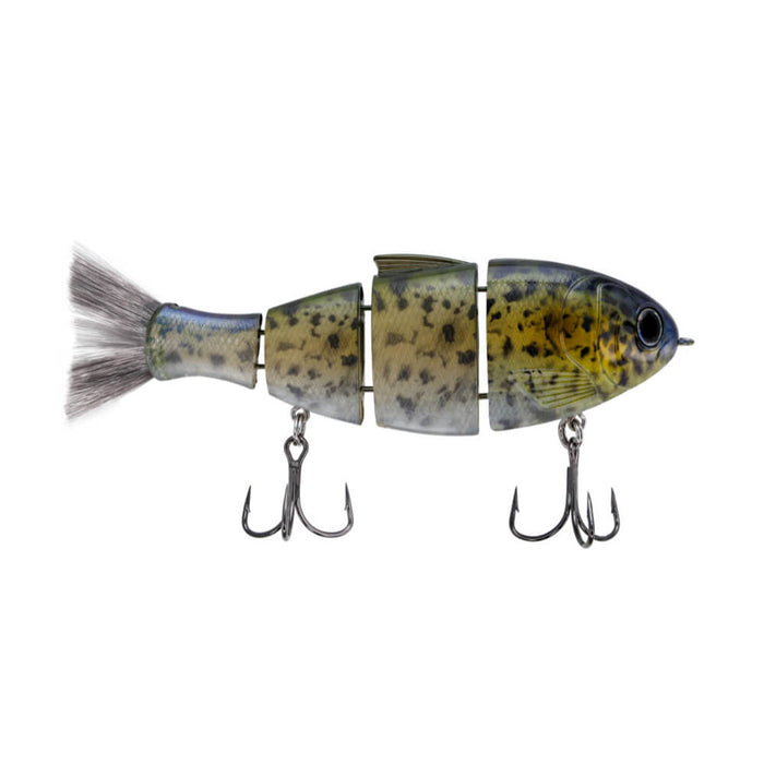 Bucca Bull Shad segmented fishing lure designed with realistic fish patterns, three jointed sections for lifelike movement, two sharp treble hooks, and a soft tail for effective fishing tackle use.
