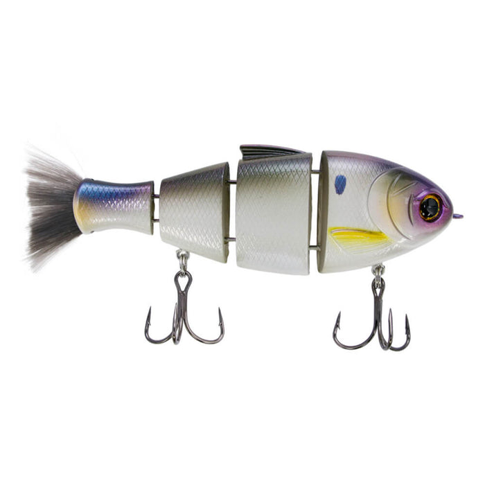 Bucca Bull Shad multi-jointed fishing lure with segmented silver body, lifelike scales, realistic eyes, feathered tail, and two treble hooks for effective fishing tackle use.