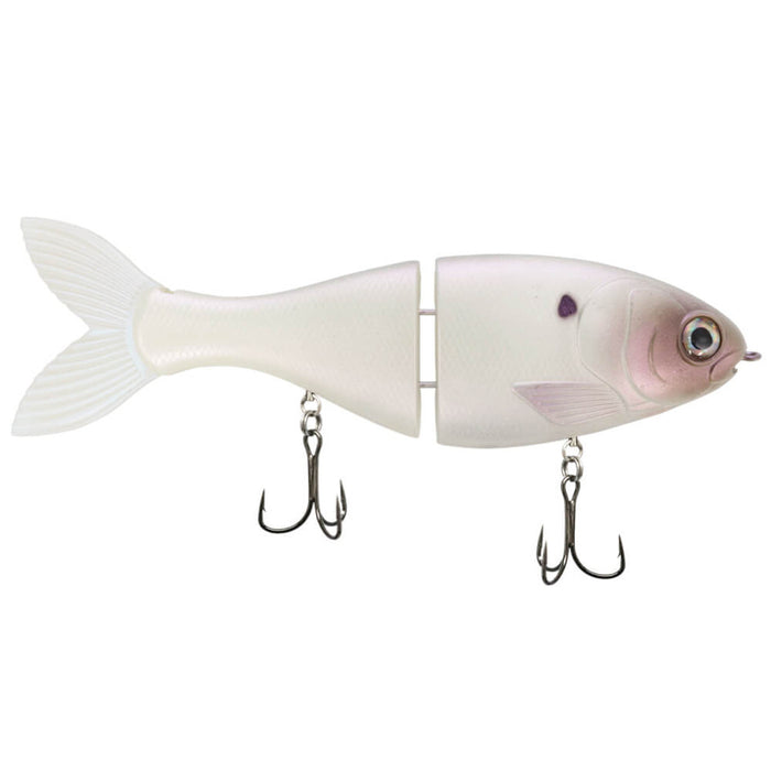 Bucca Trick Shad fishing lure designed to mimic a small fish with articulated body segments, realistic eyes, and two treble hooks for effective fishing tackle use.