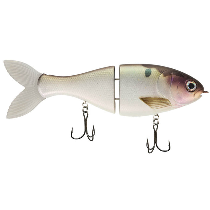 Bucca Trick Shad fishing lure designed to resemble a small fish with a segmented body for lifelike movement, featuring two treble hooks for effective fishing tackle.