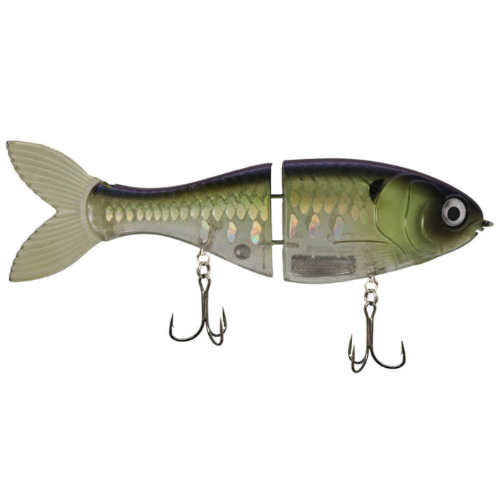 Bucca Trick Shad fishing lure designed with a segmented body in green and silver tones, featuring two treble hooks and realistic fish scale detailing for effective fishing tackle use.