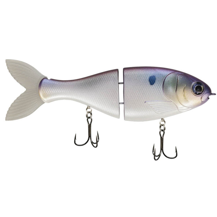 Bucca Trick Shad fishing lure designed with segmented body and realistic fish scale texture, featuring two treble hooks for effective fishing tackle use.